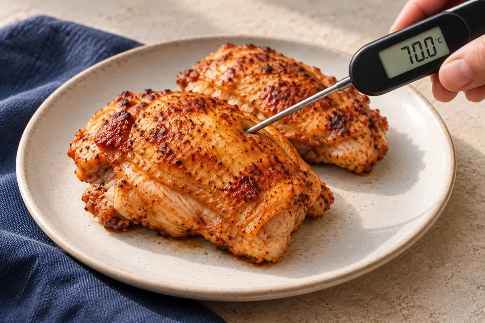 Hähnchen-Oberkeule mit Paprikajoghurt: Thermometer platzieren (KI-Illustration)