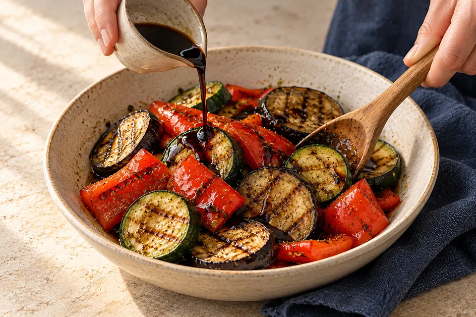 Grillgemüse mit Balsamico: Dressing nach dem Grillen (KI-Illustration)