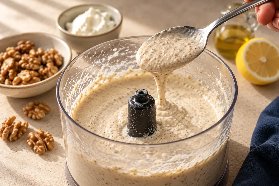 Zucchininudeln mit Walnusssauce: Sauce am Löffel (KI-Illustration)