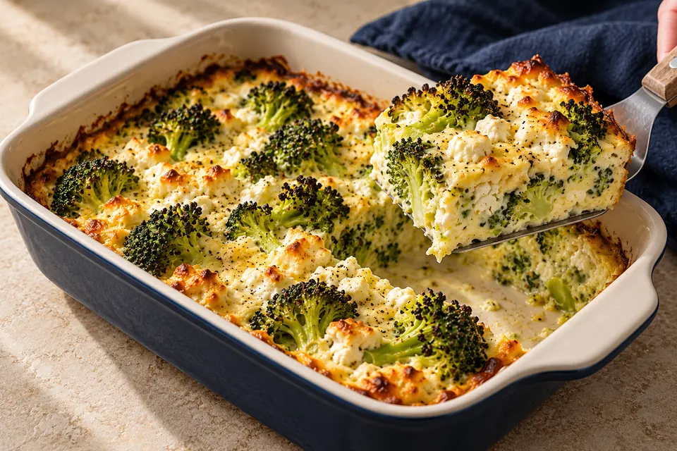 Brokkoli-Feta-Auflauf: gestockte Schnittfläche (KI-Illustration)