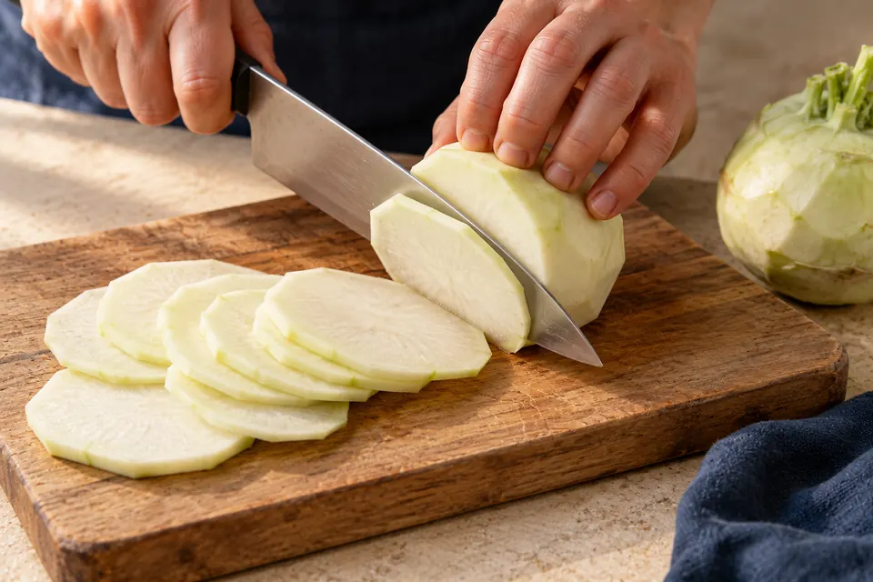 Kohlrabi-Lasagne: dünne Kohlrabischeiben (KI-Illustration)