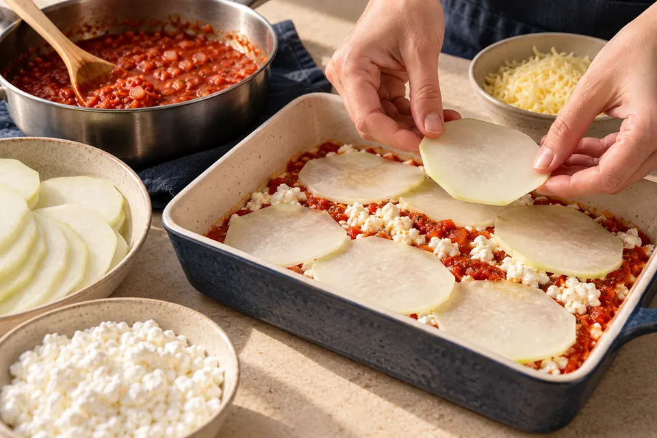 Kohlrabi-Lasagne: Schichtenaufbau (KI-Illustration)