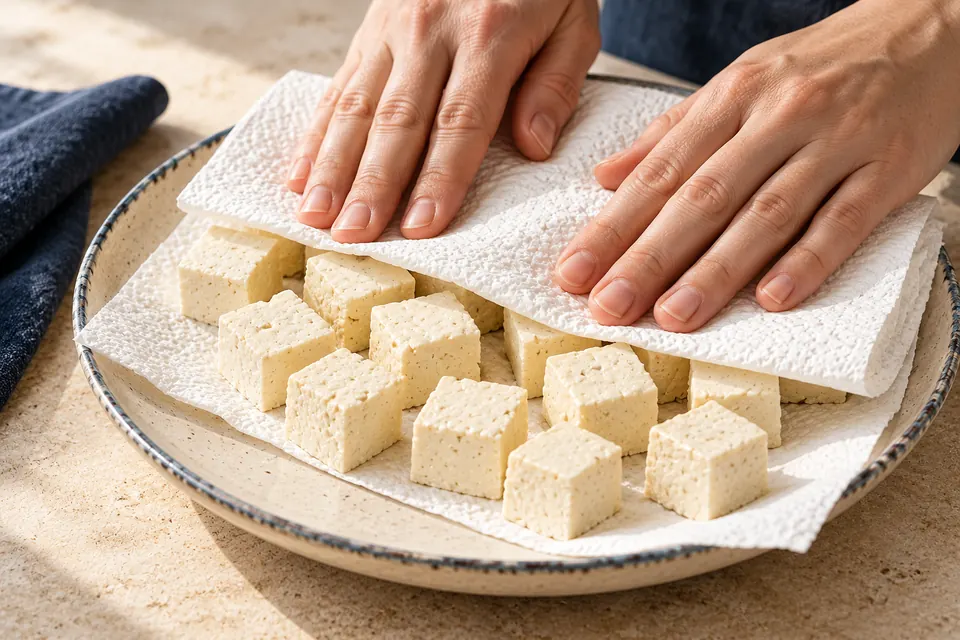 Spitzkohl-Erdnuss-Pfanne: Tofu trocknen (KI-Illustration)