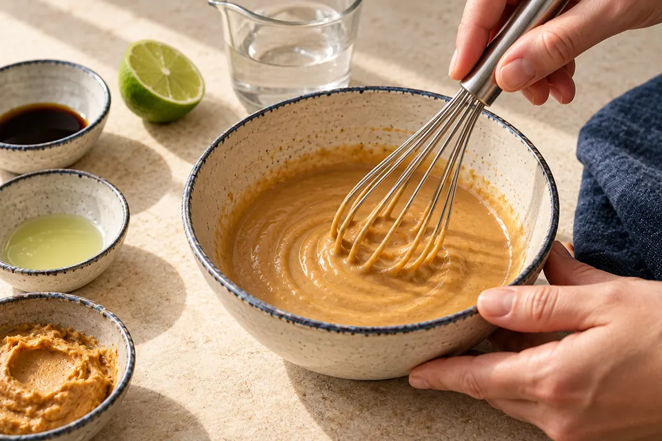 Spitzkohl-Erdnuss-Pfanne: Sauce glatt rühren (KI-Illustration)