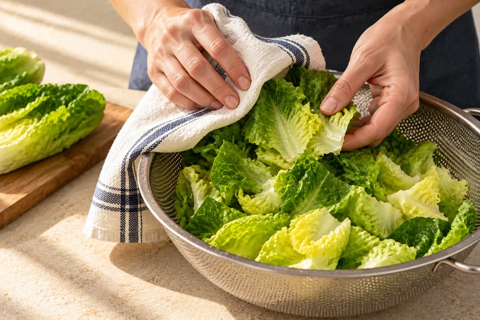 Romanasalat mit Avocadodressing: Salat trocknen (KI-Illustration)