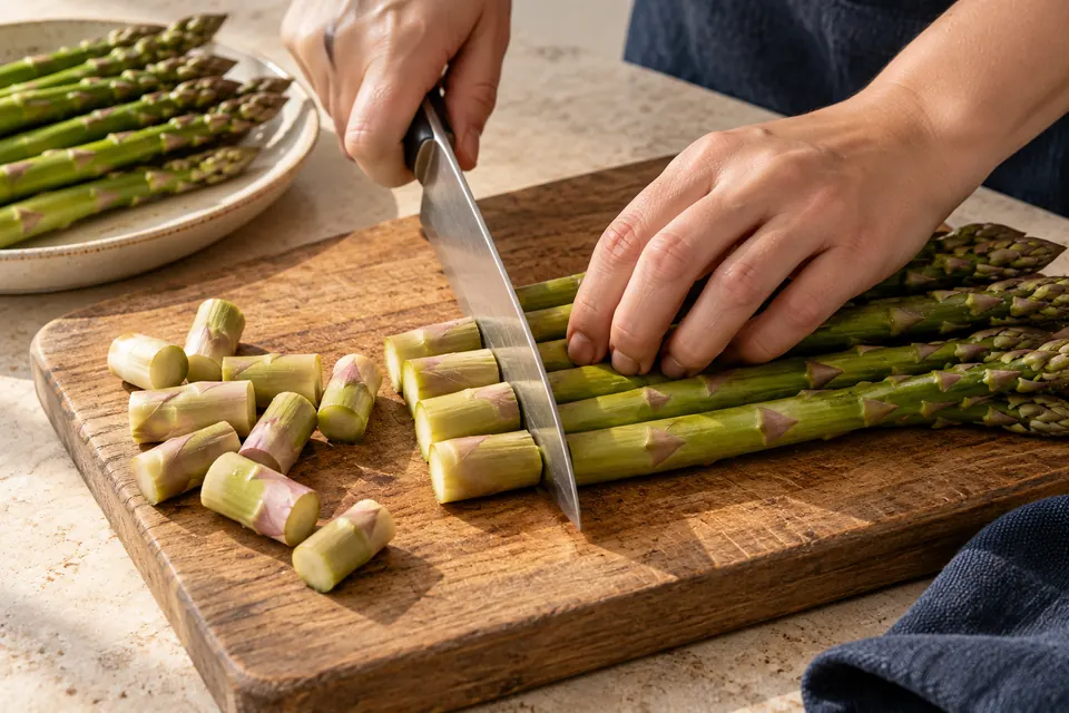 Grüner Spargel mit Ei und Haselnuss: Enden entfernen (KI-Illustration)