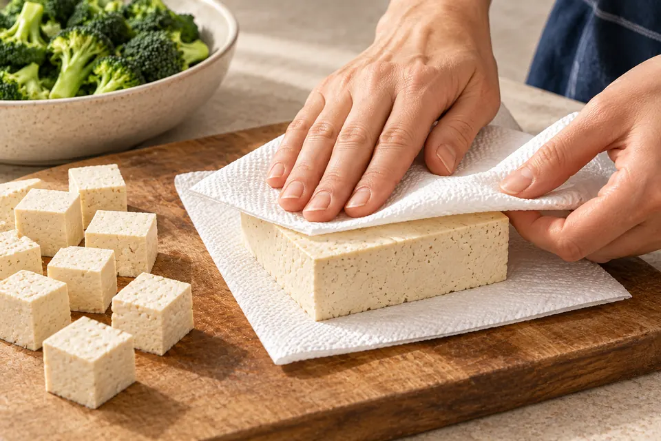 Tofu-Brokkoli aus dem Ofen: Tofu abtrocknen (KI-Illustration)