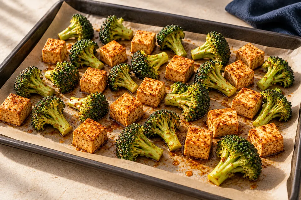 Tofu-Brokkoli aus dem Ofen: freie Abstände auf dem Blech (KI-Illustration)