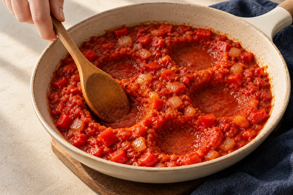 Tomaten-Eier-Pfanne: Mulden bilden (KI-Illustration)
