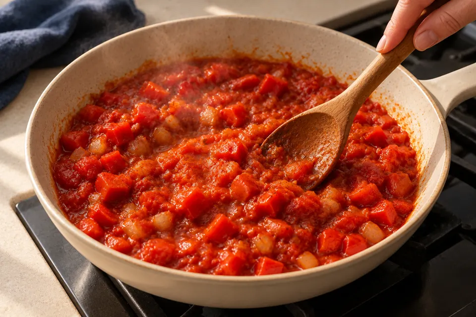 Tomaten-Eier-Pfanne: fertige Eier (KI-Illustration)