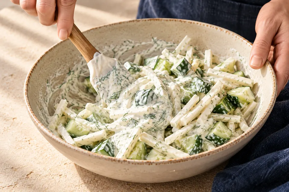 Kohlrabi-Gurken-Salat mit Dill: Joghurt unterheben (KI-Illustration)