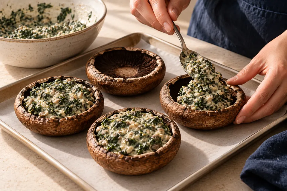 Portobello mit Spinatcreme: Spinatcreme einfüllen (KI-Illustration)