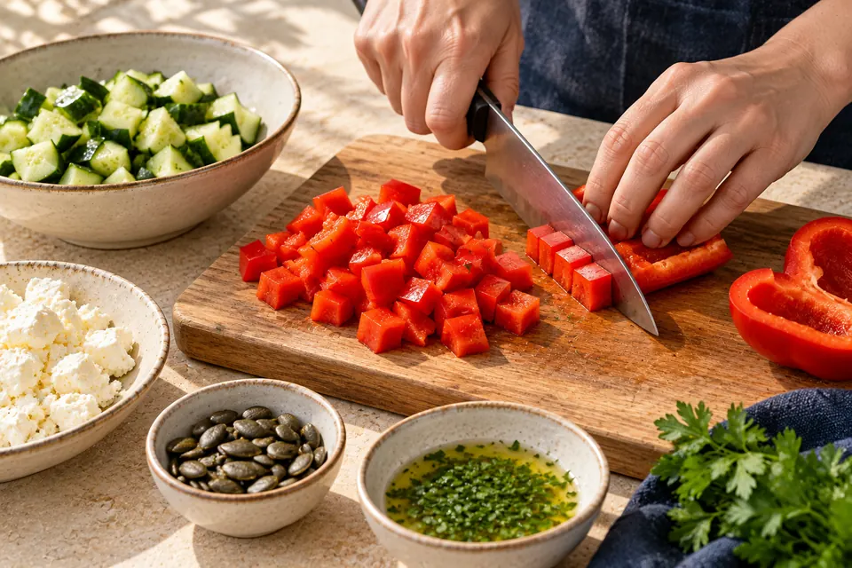 Feta-Paprika-Salat mit Kürbiskernen: gleichmäßige Würfel (KI-Illustration)