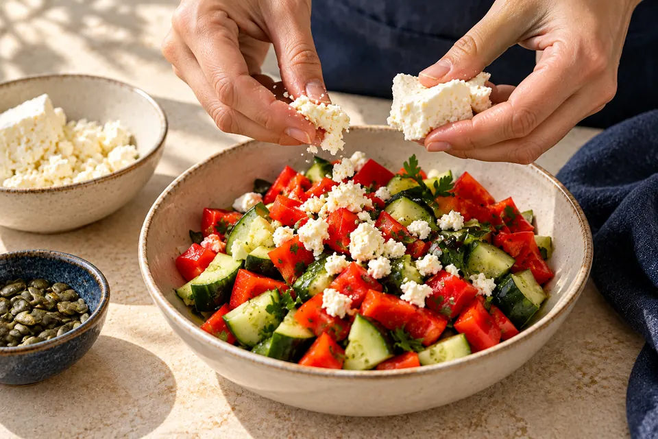 Feta-Paprika-Salat mit Kürbiskernen: Feta bröseln (KI-Illustration)