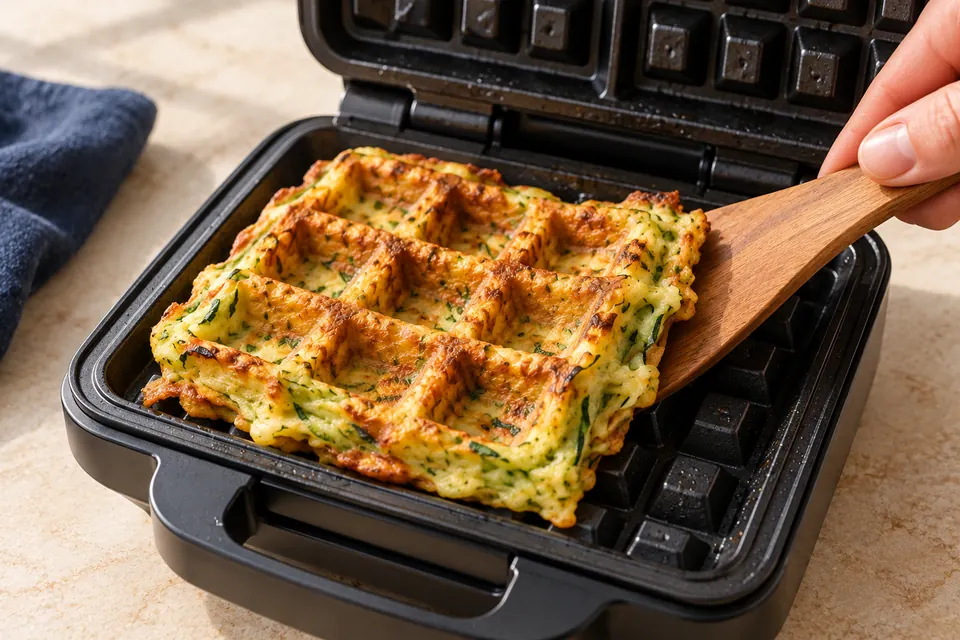 Zucchini-Käse-Waffeln: Waffel aus dem Eisen lösen (KI-Illustration)