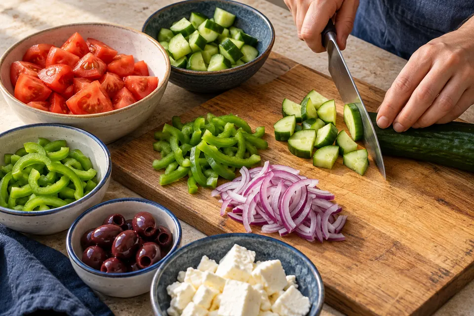 Griechischer Bauernsalat: Schnittgrößen (KI-Illustration)