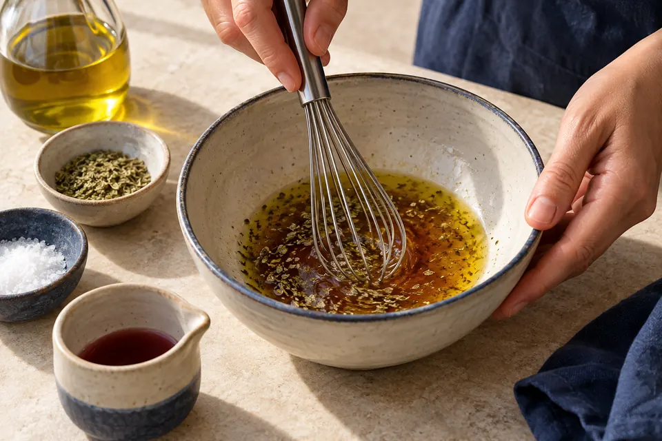 Griechischer Bauernsalat: Dressing verrühren (KI-Illustration)