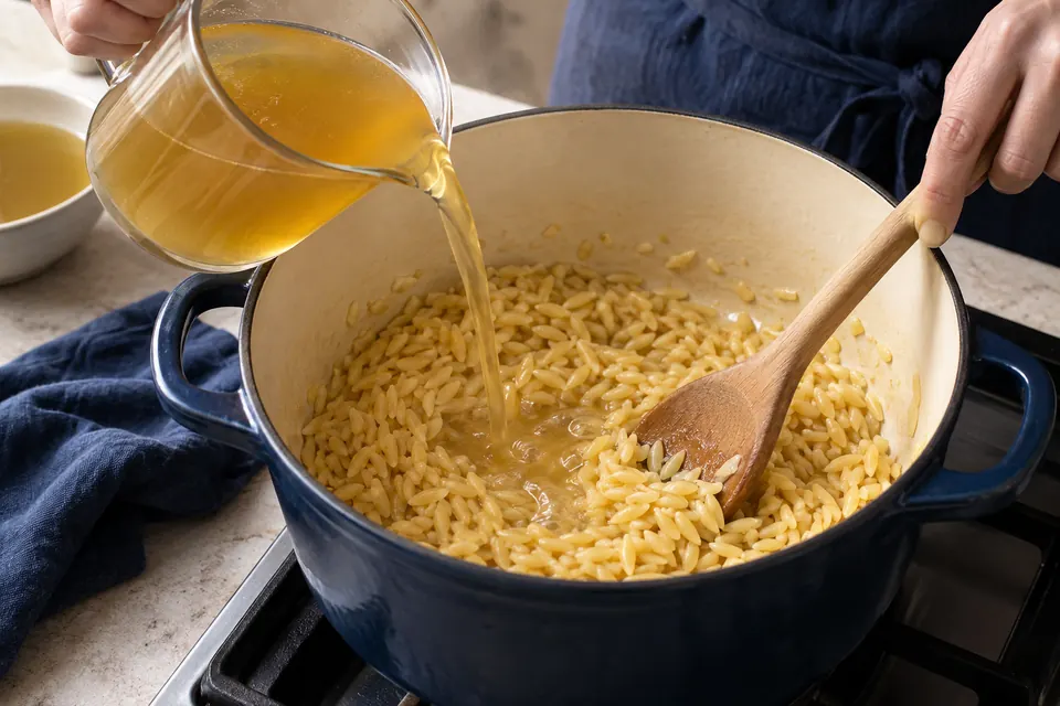 Zitronen-Orzo mit Spinat: Brühe einrühren (KI-Illustration)