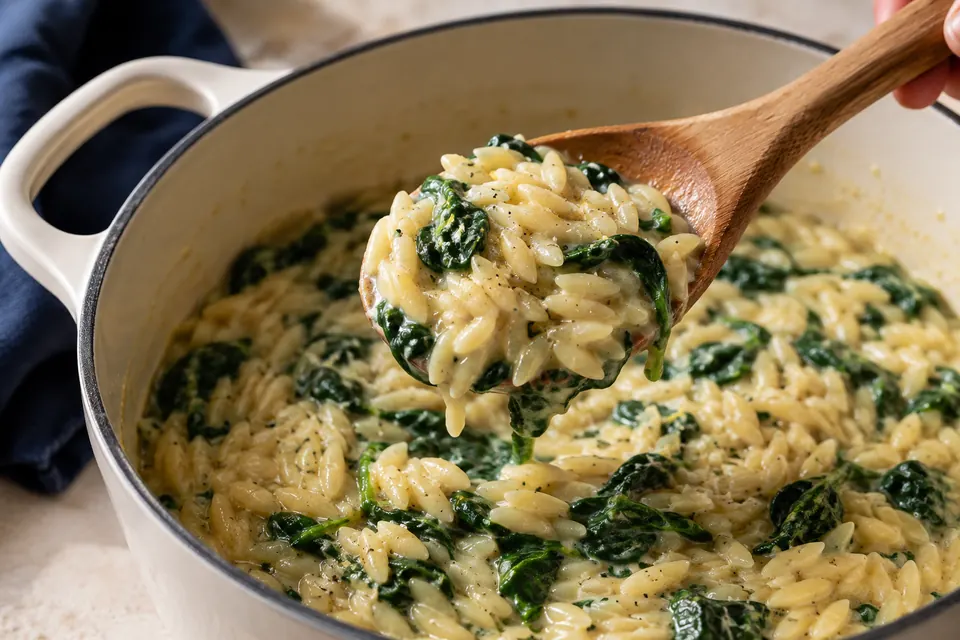 Zitronen-Orzo mit Spinat: Konsistenz am Löffel (KI-Illustration)