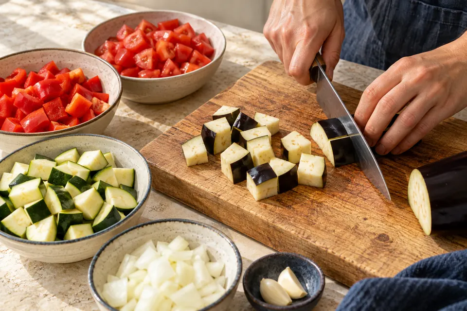Ratatouille aus dem Ofen: Würfelgröße (KI-Illustration)