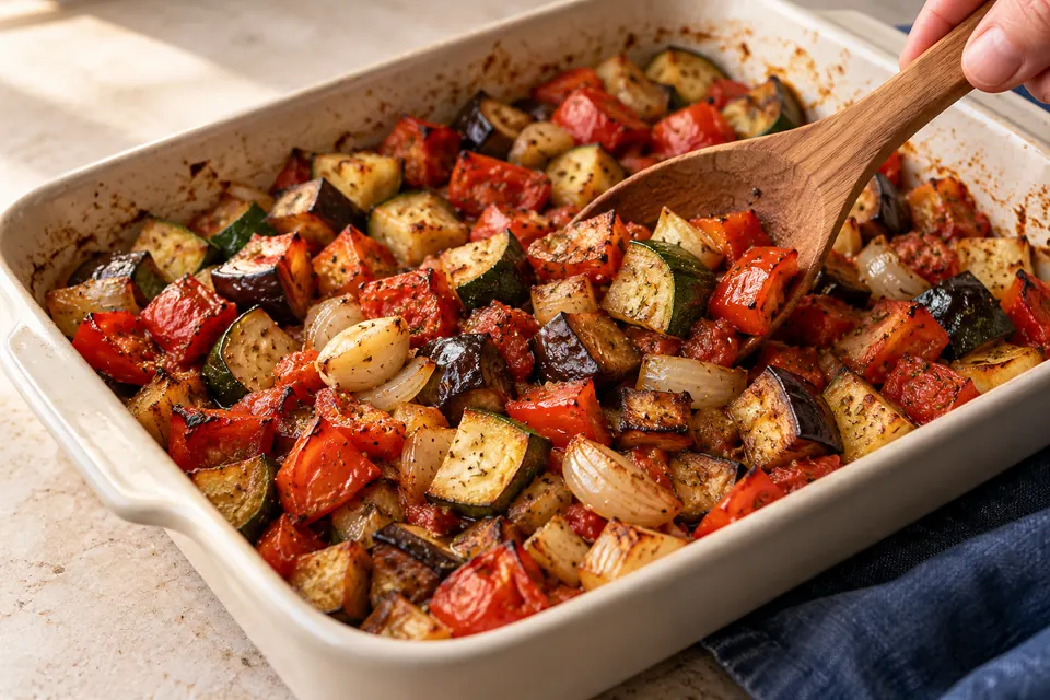 Ratatouille aus dem Ofen: fertige Röstkanten (KI-Illustration)