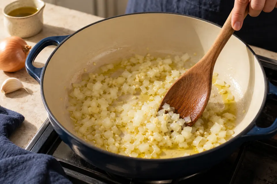 Weiße Bohnen mit Rosmarin: Zwiebel anschwitzen (KI-Illustration)