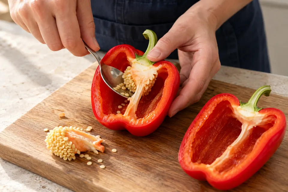Gefüllte Paprika mit Bulgur: Paprika aushöhlen (KI-Illustration)