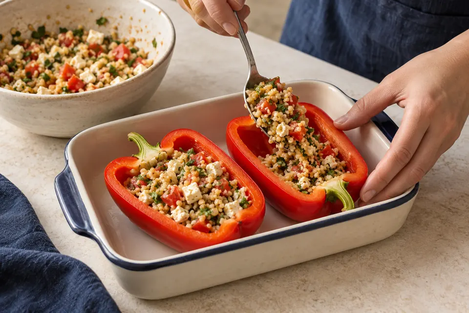 Gefüllte Paprika mit Bulgur: Füllung einlöffeln (KI-Illustration)
