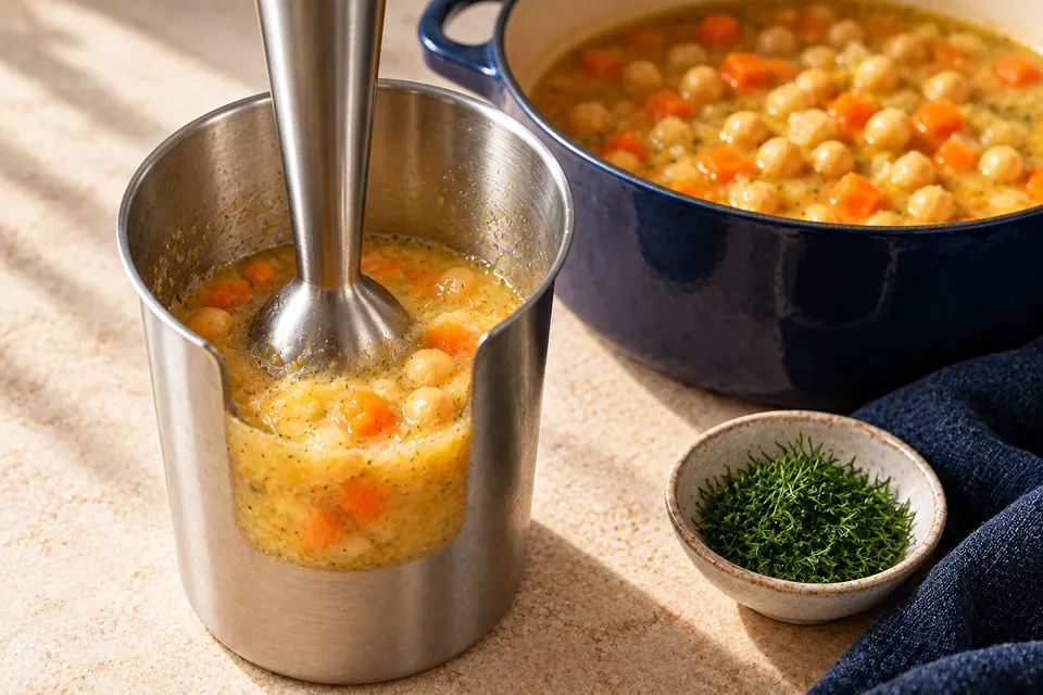 Kichererbsen-Zitronen-Suppe: Teilmenge pürieren (KI-Illustration)