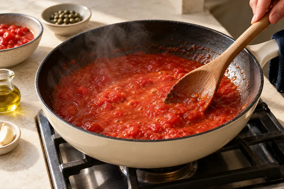 Tomaten-Oliven-Pasta: Tomatensauce reduzieren (KI-Illustration)