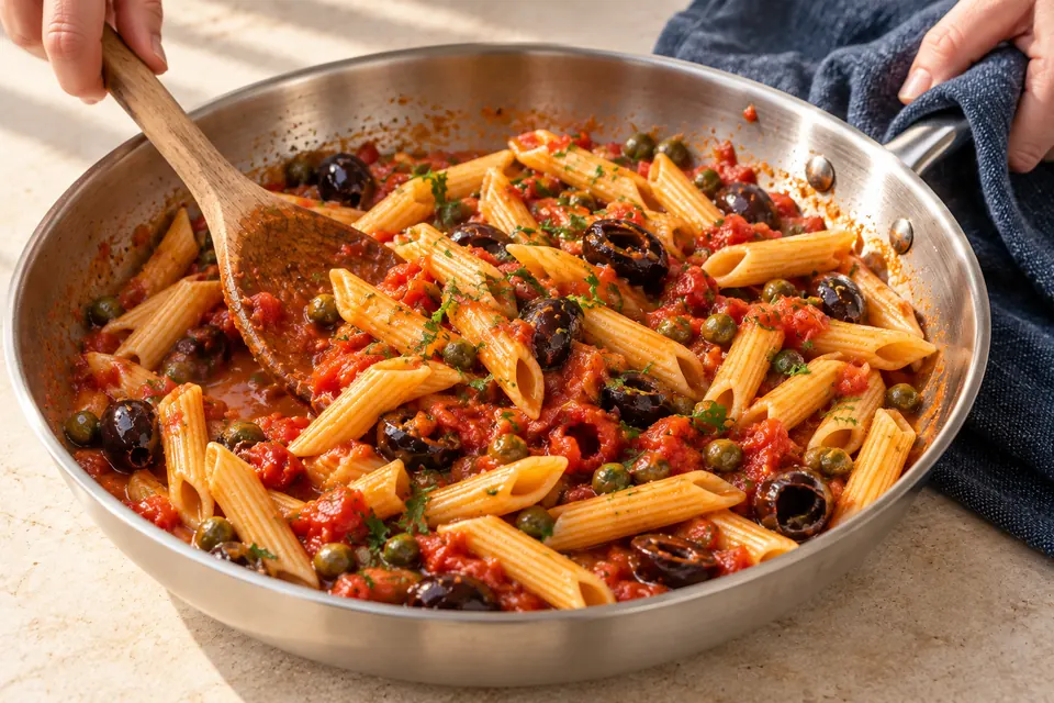 Tomaten-Oliven-Pasta: Pasta schwenken (KI-Illustration)