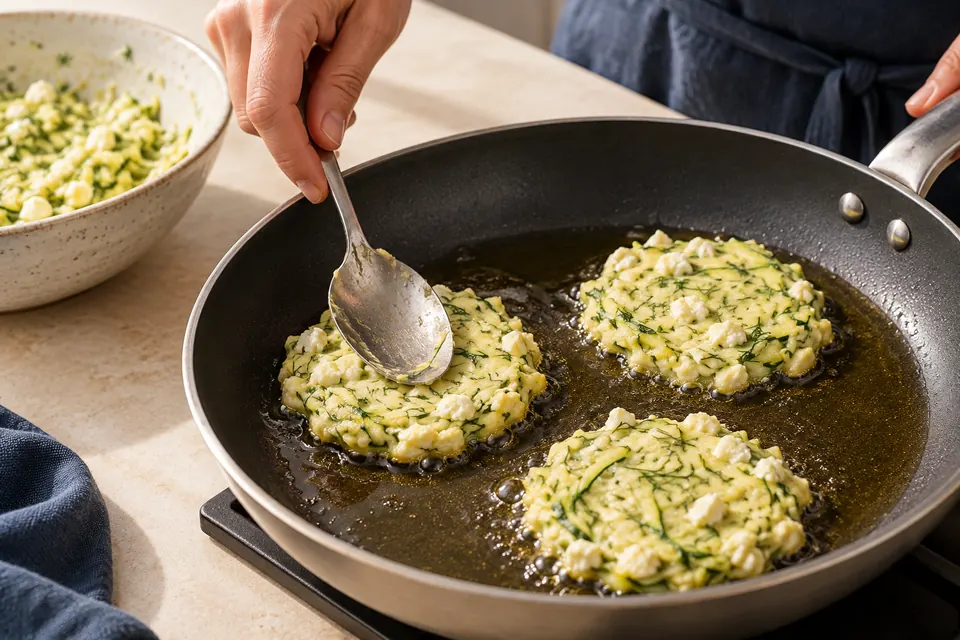 Zucchini-Feta-Puffer: flache Puffer formen (KI-Illustration)
