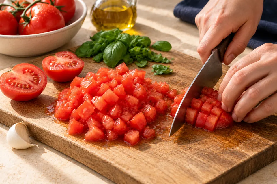 Tomaten-Bruschetta: Tomatenwürfel (KI-Illustration)