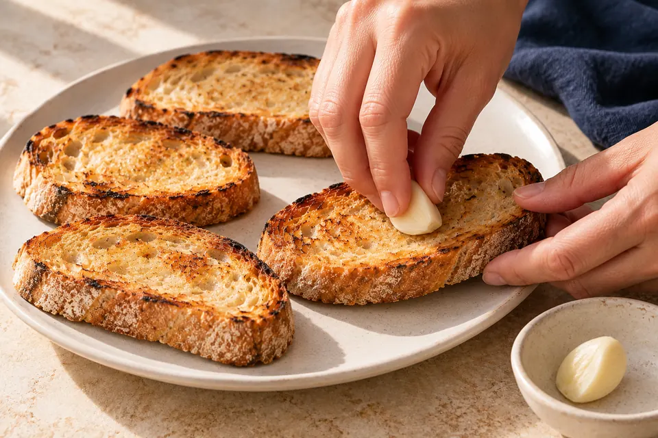 Tomaten-Bruschetta: Brot mit Knoblauch abreiben (KI-Illustration)