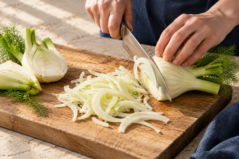 Fenchel-Orangen-Salat: Fenchel hobeln (KI-Illustration)