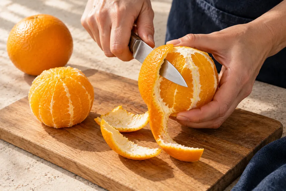 Fenchel-Orangen-Salat: Orange schälen (KI-Illustration)
