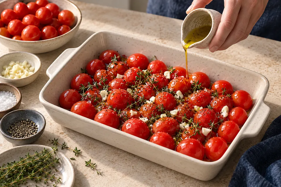 Ofentomaten mit Ricotta: Tomaten vor dem Rösten (KI-Illustration)