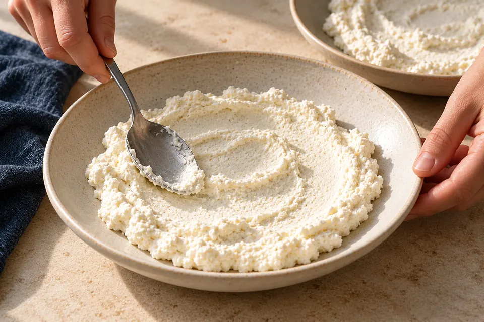 Ofentomaten mit Ricotta: Ricotta ausstreichen (KI-Illustration)