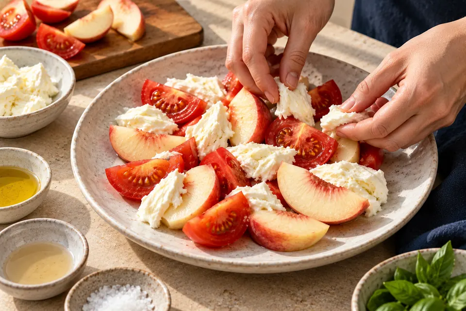 Caprese mit weißen Pfirsichen: Zutaten anrichten (KI-Illustration)