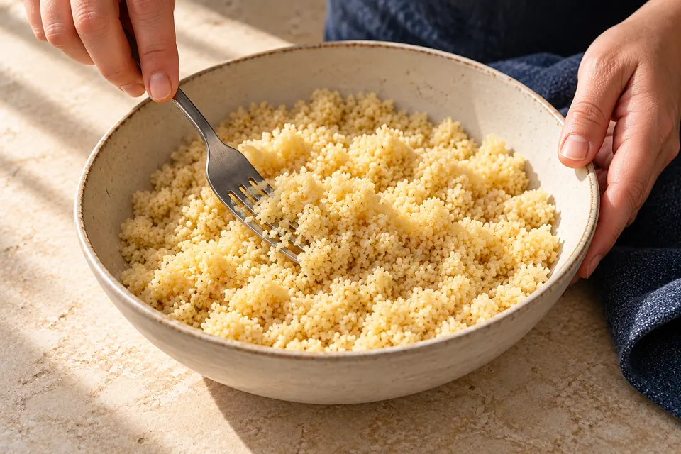 Couscous mit gerösteter Paprika: Couscous lockern (KI-Illustration)