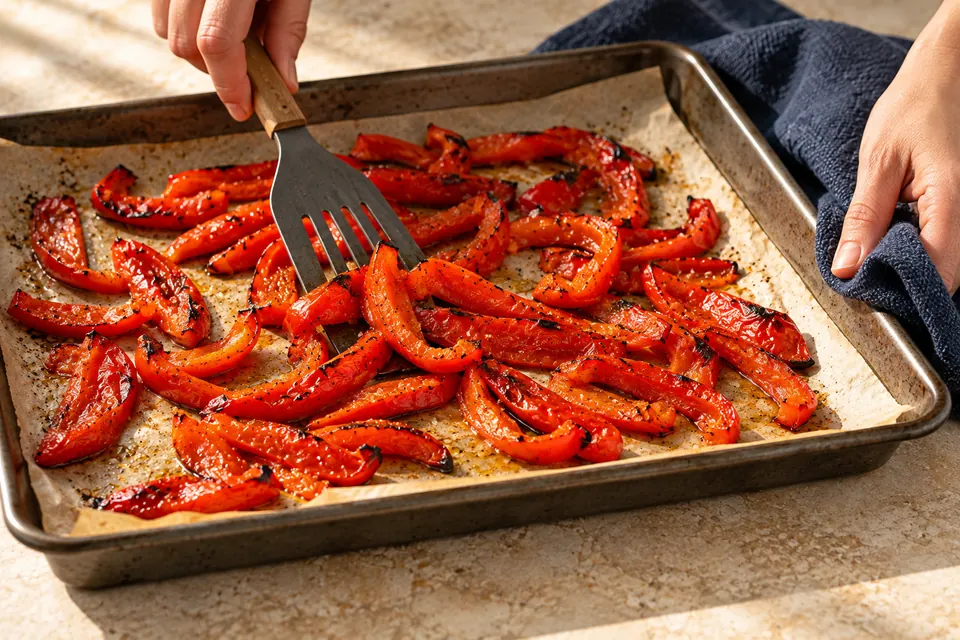 Couscous mit gerösteter Paprika: Paprikastreifen rösten (KI-Illustration)