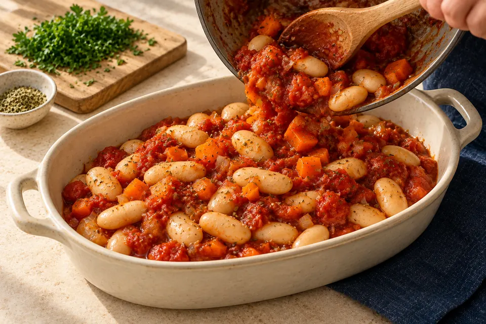 Gigantes aus der Auflaufform: Bohnen in Sauce (KI-Illustration)