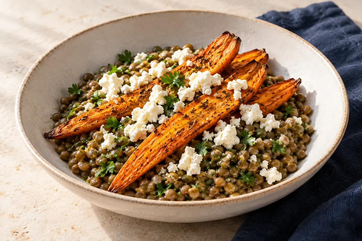 Linsen mit Ofenkarotten und Feta
