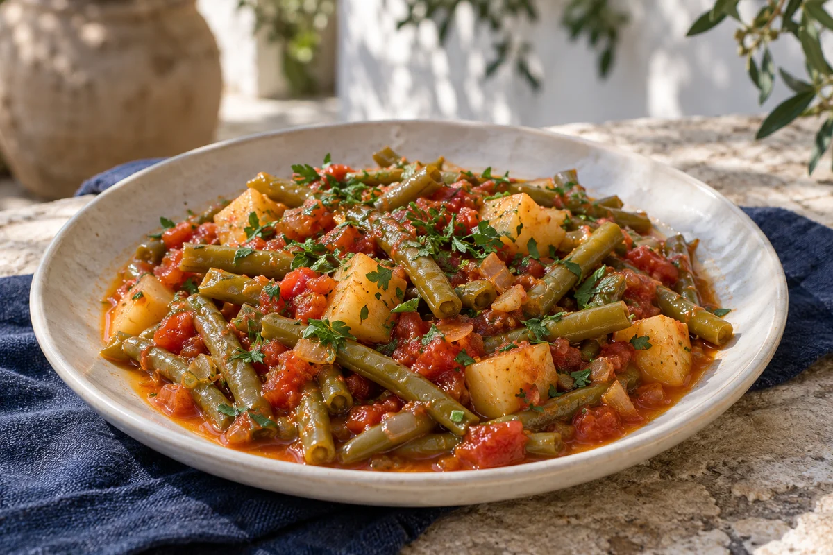 Fasolakia mit Kartoffeln und Tomaten ·
