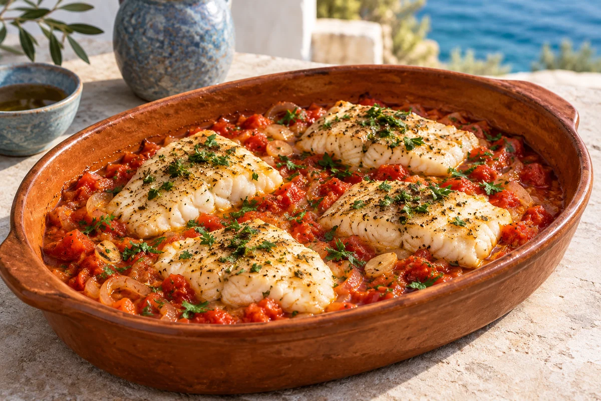 Fisch Plaki mit Tomaten und Zwiebeln ·