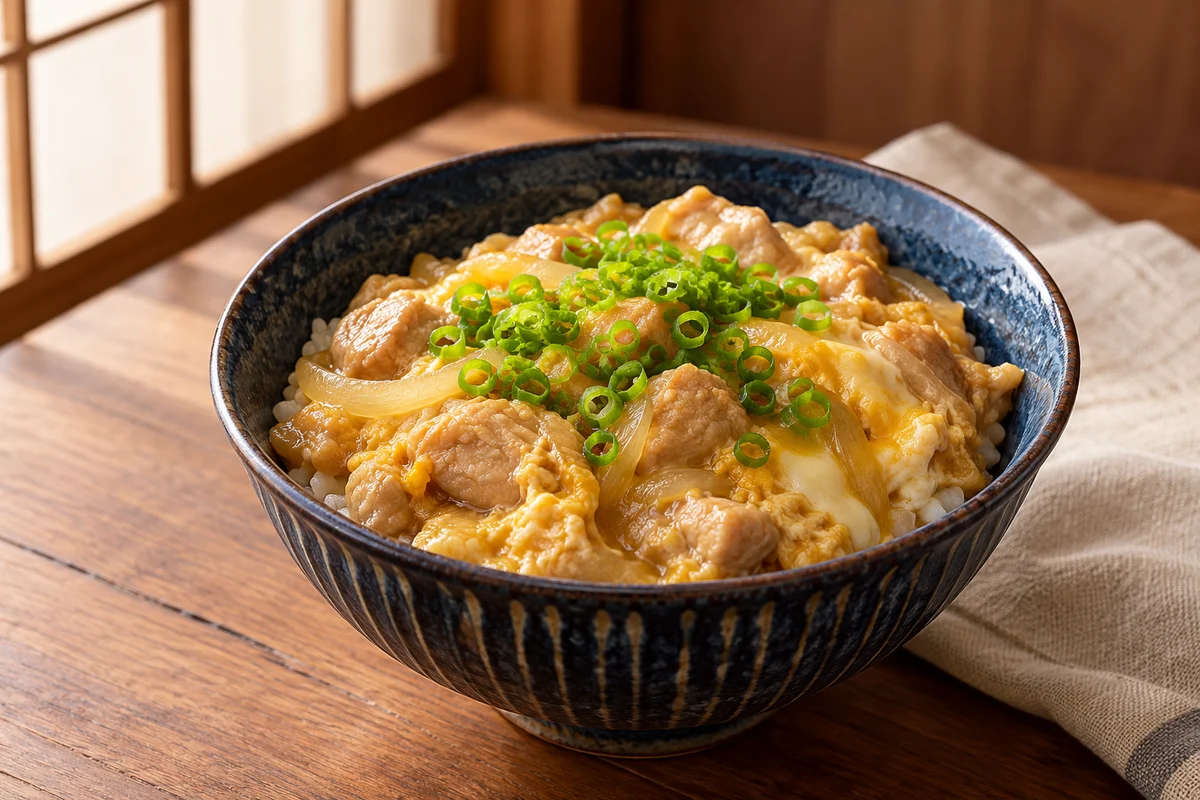 Oyakodon mit Hähnchen, Zwiebel und Ei ·