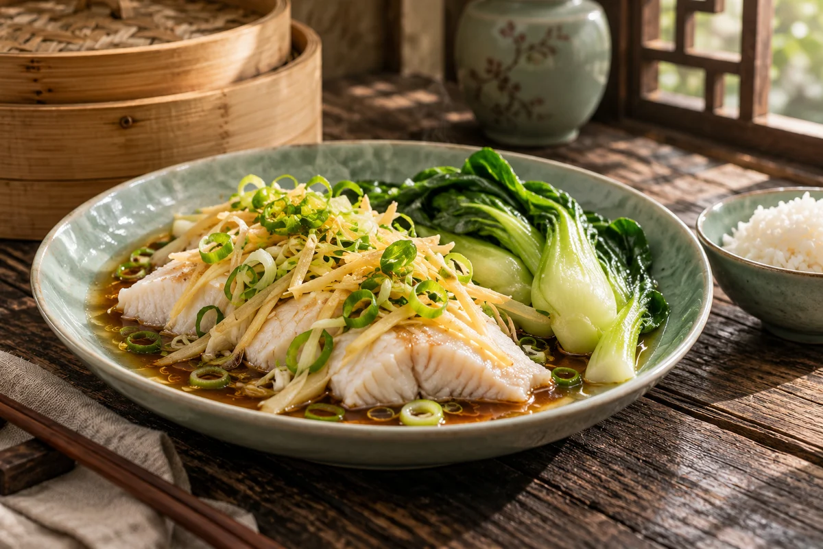 Ingwer-Fisch aus dem Dampf mit Pak Choi ·