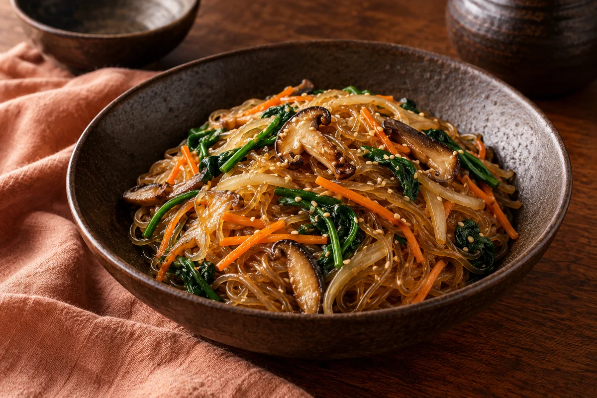Japchae mit Pilzen und Süßkartoffel-Glasnudeln ·