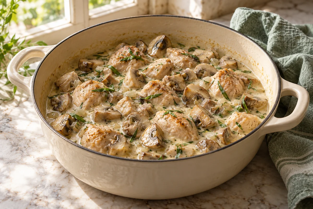 Hähnchenfrikassee mit Champignons und Estragon ·