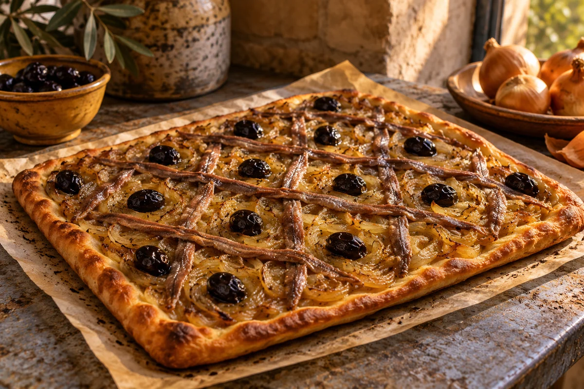 Pissaladière mit Zwiebeln, Sardellen und Oliven ·